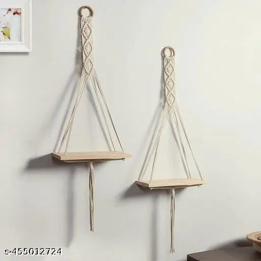 Boho Macrame Wall Hanging Shelf Set of 2 | Wooden Floating Hanging Storage Shelf Organizer | Handcrafted Plant Holder & Wall Decor for Bedroom, Living Room & Balcony — Cream/Natural (Free Size)