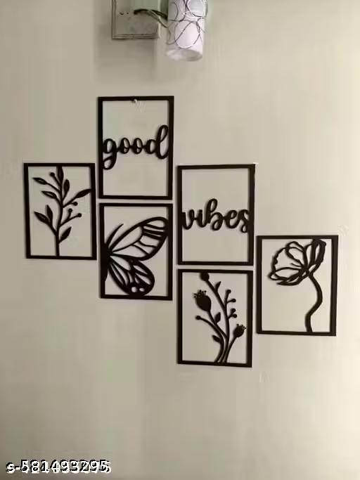 "Good Vibes" Wooden Wall Hanging Set | 5-Panel Botanical & Butterfly Wall Art Decor | Handcrafted MDF Wall Shelf Decor for Living Room, Bedroom, Balcony & Office — Black (Free Size)