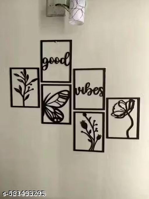 "Good Vibes" Wooden Wall Hanging Set | 5-Panel Botanical & Butterfly Wall Art Decor | Handcrafted MDF Wall Shelf Decor for Living Room, Bedroom, Balcony & Office — Black (Free Size)