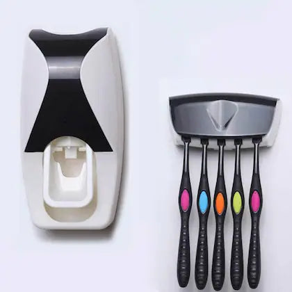 Automatic Toothpaste Dispenser with Toothbrush Holder | Wall-Mounted Anti-Dust Family Bathroom Organizer | Holds 5 Brushes | No-Touch Squeeze Toothpaste Stand for Home & Kids — Multicolor (Pack of 1)