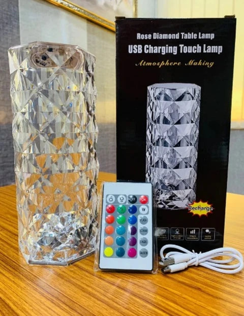 Rose Crystal Diamond Table Lamp | 16 Colors RGB with Touch & Remote Control | USB Rechargeable Decorative Acrylic Night Light | Atmosphere Lamp for Living Room, Bedroom & Bar — Multicolor