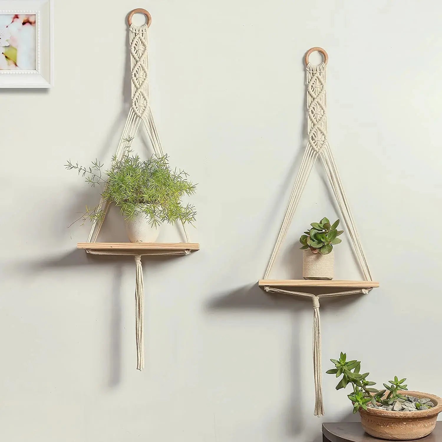 Boho Macrame Wall Hanging Shelf Set of 2 | Wooden Floating Hanging Storage Shelf Organizer | Handcrafted Plant Holder & Wall Decor for Bedroom, Living Room & Balcony — Cream/Natural (Free Size)