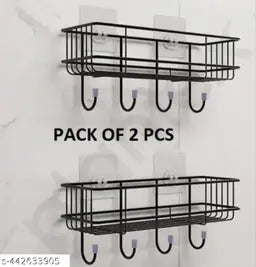 Pack of 2 Self-Adhesive Wall Shelf with Hooks | Multipurpose Bathroom & Kitchen Organizer