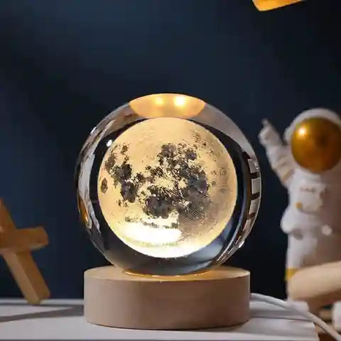 3D Crystal Moon Lamp | LED Night Light Crystal Ball with Wooden Base | USB Powered | Home Décor Gift for Her, Him & Couples