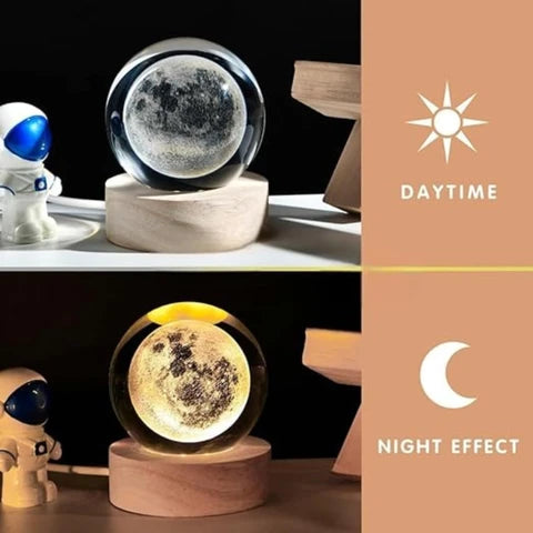 3D Crystal Moon Lamp | LED Night Light Crystal Ball with Wooden Base | USB Powered | Home Décor Gift for Her, Him & Couples