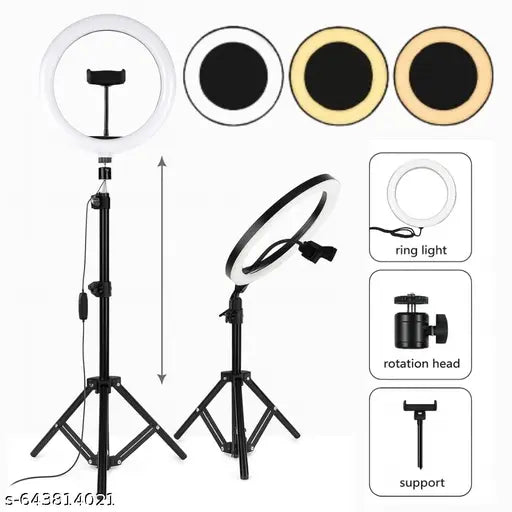 LED Ring Light with Tripod Stand | 3 Color Modes & Adjustable Brightness | Foldable Lightweight Phone Holder Stand for Makeup, Reels, Vlogging, Live Stream & YouTube — Black (Free Size)