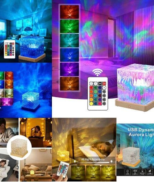Ocean Wave Projector Night Light Lamp with Remote – RGB LED Crystal Cube Table Lamp for Bedroom, Gaming Room & Home Decor