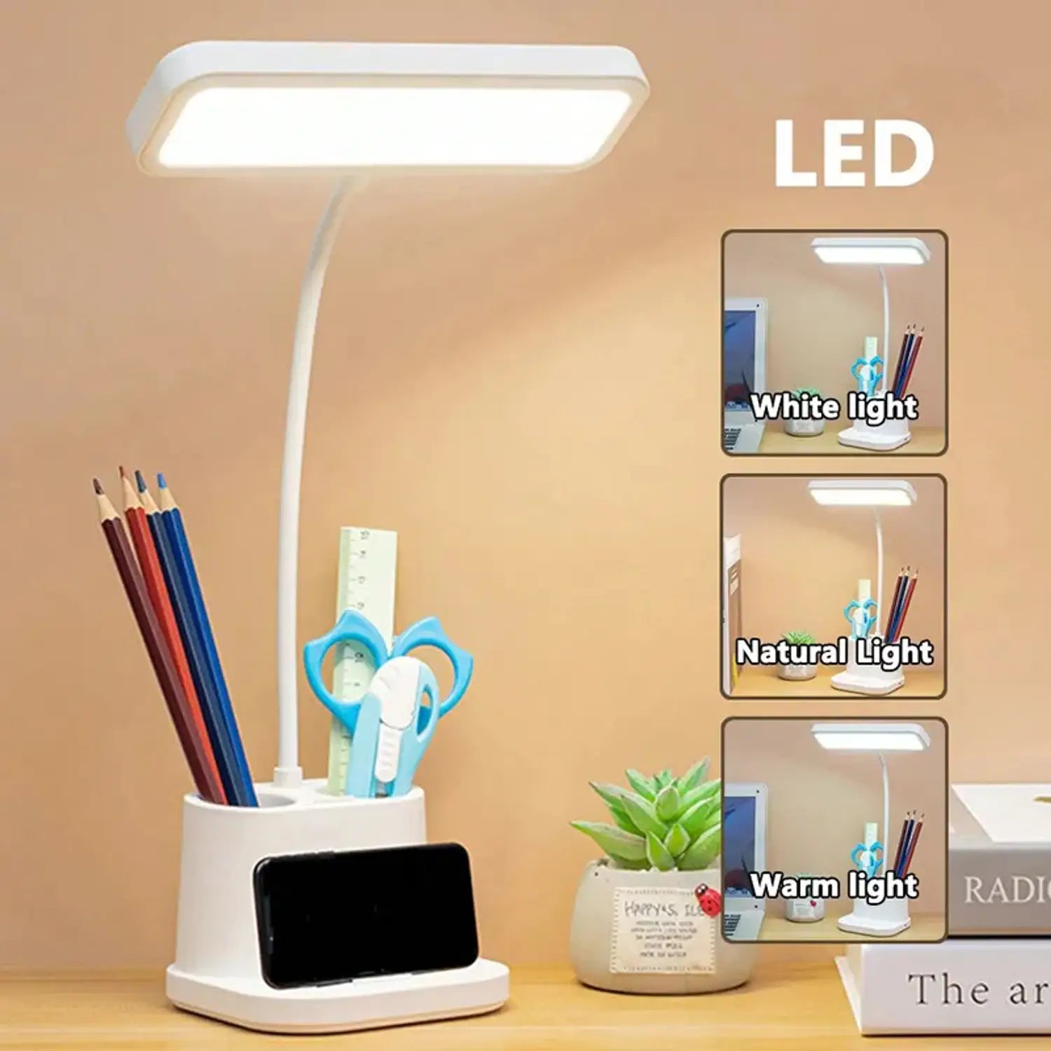 4-in-1 Rechargeable LED Desk Lamp with Phone Stand & Pen Holder | USB Charging Port | Flexible Neck Eye Protection Light for Study, Office & Home — White (Free Size)