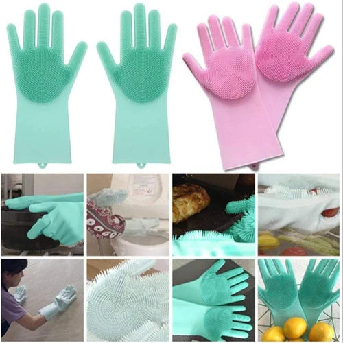 Silicone Dish Washing Gloves with Scrubber – Multi Purpose Reusable Kitchen Cleaning Gloves for Dishes, Vegetables & Bathroom Cleaning