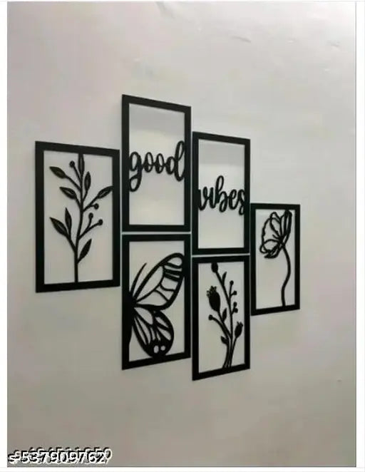 "Good Vibes" Wooden Wall Hanging Set | 5-Panel Botanical & Butterfly Wall Art Decor | Handcrafted MDF Wall Shelf Decor for Living Room, Bedroom, Balcony & Office — Black (Free Size)