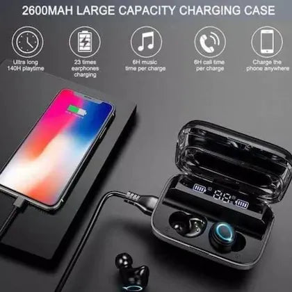 M19 TWS Wireless Earbuds with Power Bank Charging Case | Bluetooth 5.1, 12H Playtime, Water Resistant, LED Battery Display — True Wireless Stereo Earphones (Black)